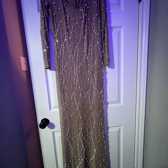 Glamorous Long Sleeve Tan Dress with Embellishments - Picture 2 of 3